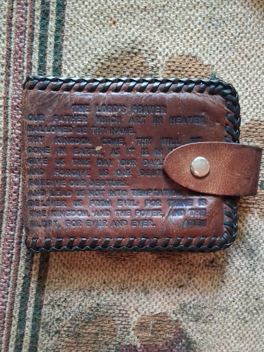 Source Unknown Brown Leather Key & Card Holder with Embossed Prayer